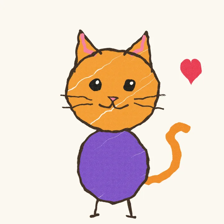 A child's crayon drawing of an orange cat with a purple tummy and a red heart