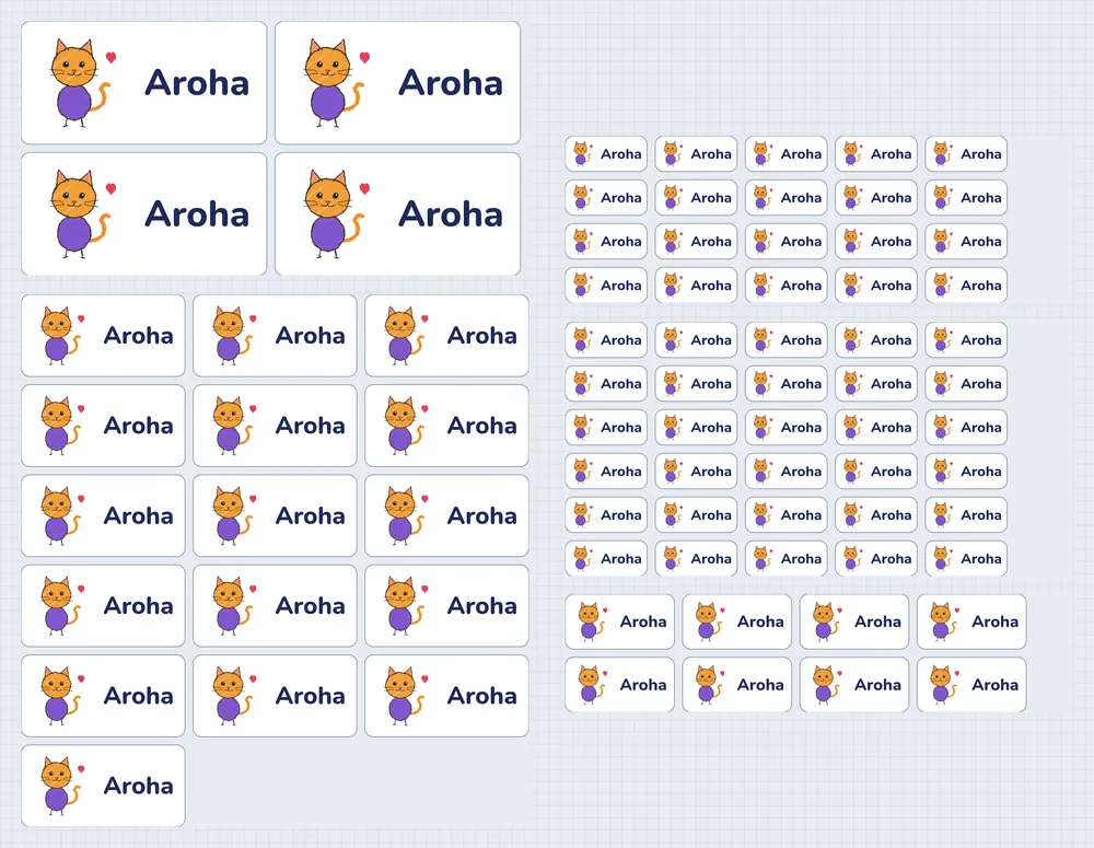 All 78 labels laid out on sheets, each with the cat drawing and the name Aroha